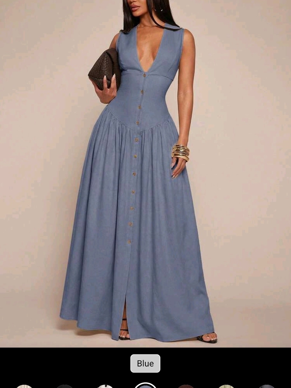 SHEIN Dusty Blue Deep V Button-Front Maxi Dress